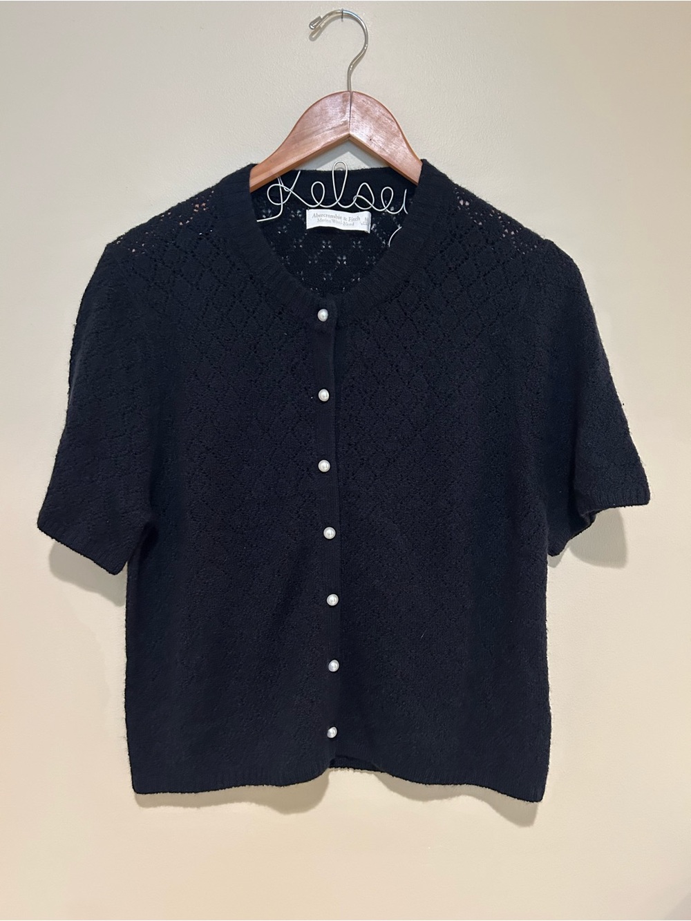 A&F Black Short-Sleeve Merino
Wool Blend Crochet Cardigan Pearl Buttons
Size M